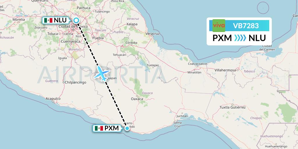 VB7283 VivaAerobus Flight Map: Puerto Escondido to Reyes Acozac