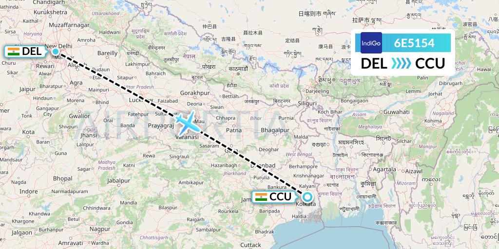 6E5154 IndiGo Airlines Flight Map: Delhi to Kolkata