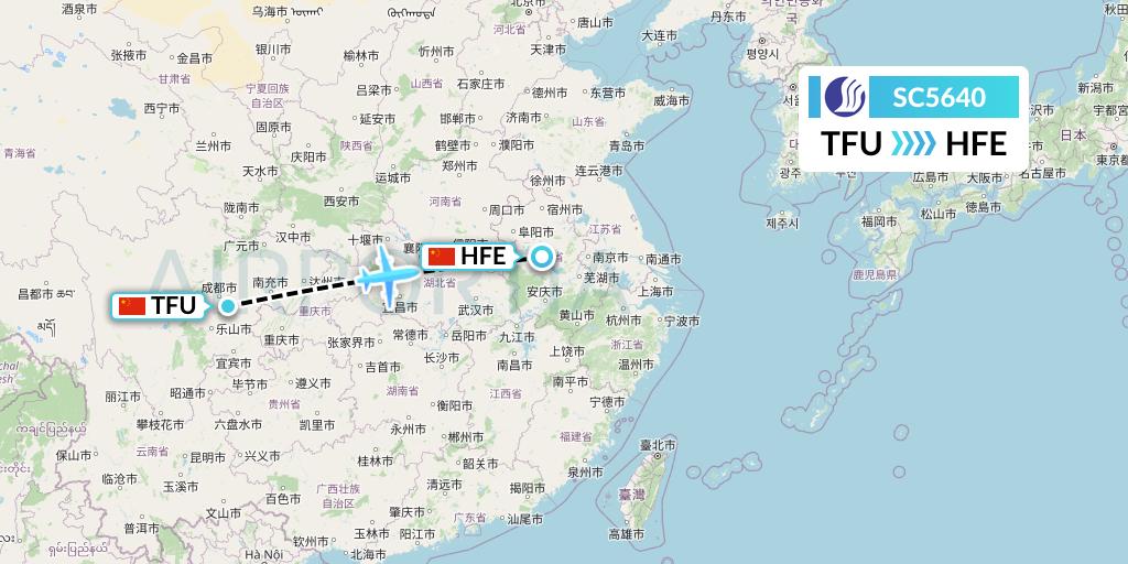 SC5640 Shandong Airlines Flight Map: Chengdu to Hefei