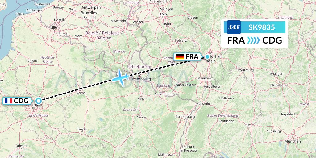 SK9835 SAS Flight Map: Frankfurt to Paris