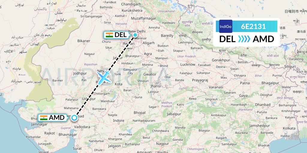 6E2131 IndiGo Airlines Flight Map: Delhi to Ahmedabad