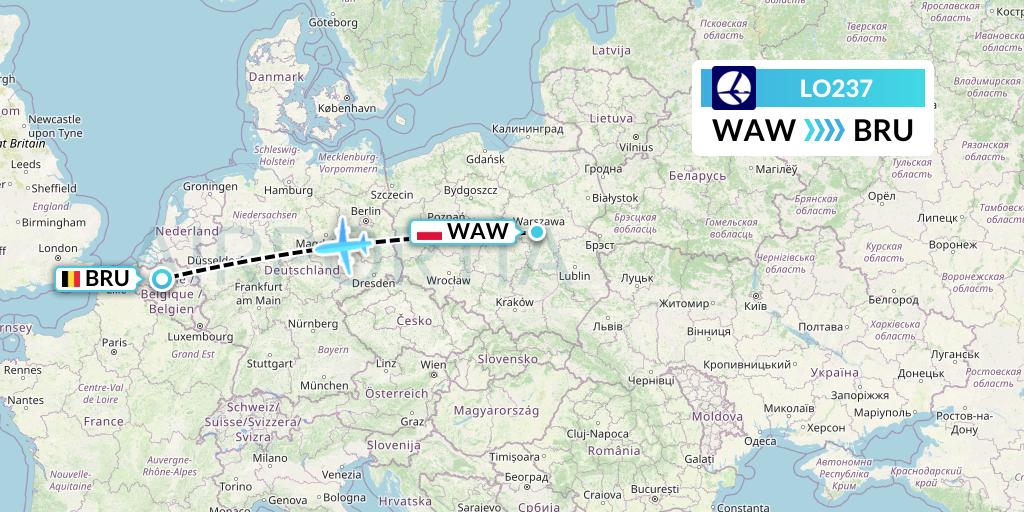 LO237 LOT Flight Map: Warsaw to Brussels