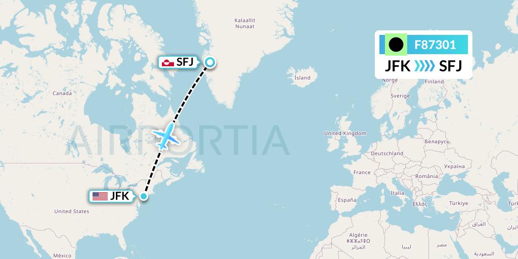 F87301 Flair Airlines Flight Map: New York to Kangerlussuaq