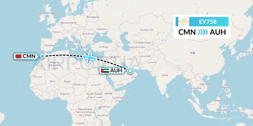 EY758 Etihad Airways Flight Map: Casablanca to Abu Dhabi