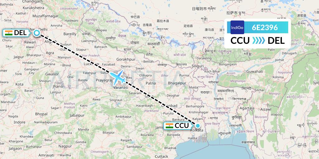 6E2396 IndiGo Airlines Flight Map: Kolkata to Delhi