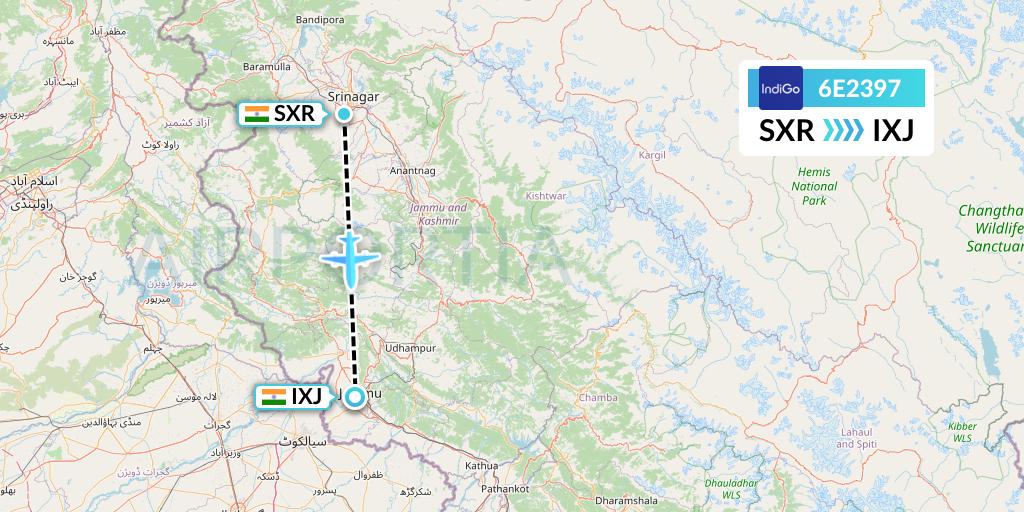 6E2397 IndiGo Airlines Flight Map: Srinagar to Jammu