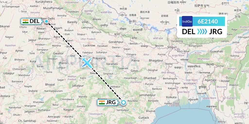 6E2140 IndiGo Airlines Flight Map: Delhi to Ranchi