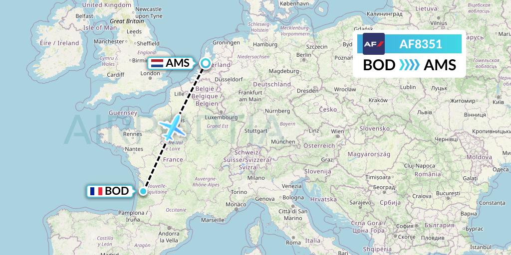 AF8351 Air France Flight Map: Bordeaux to Amsterdam