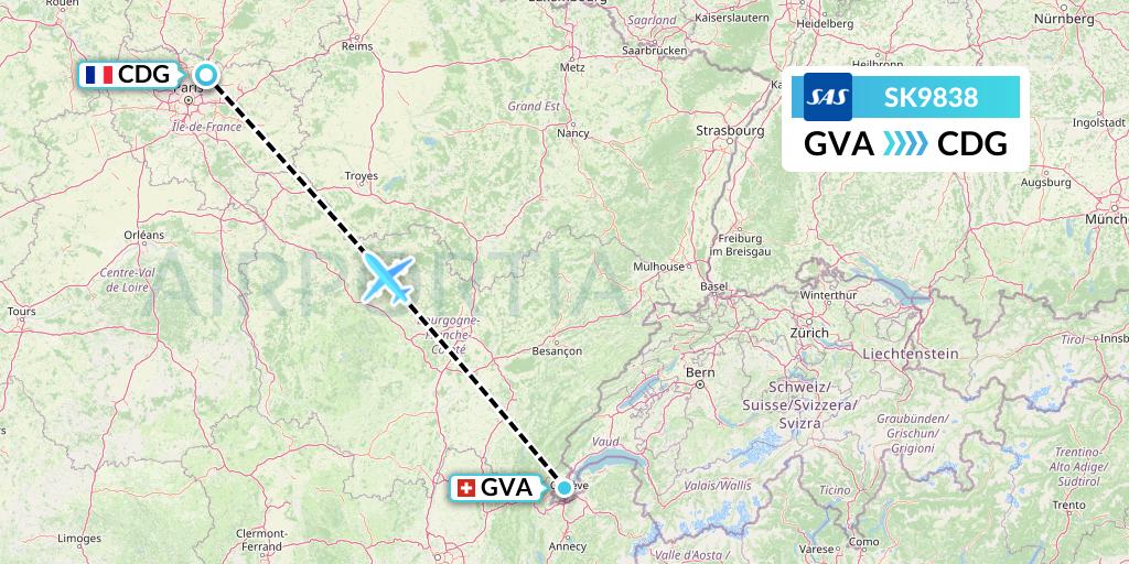 SK9838 SAS Flight Map: Geneva to Paris