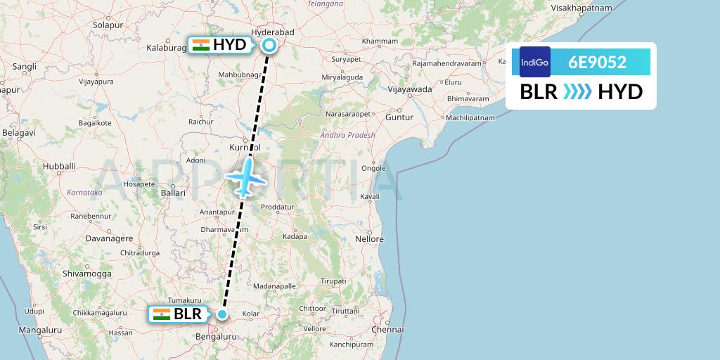 6E9052 IndiGo Airlines Flight Map: Bangalore to Hyderabad