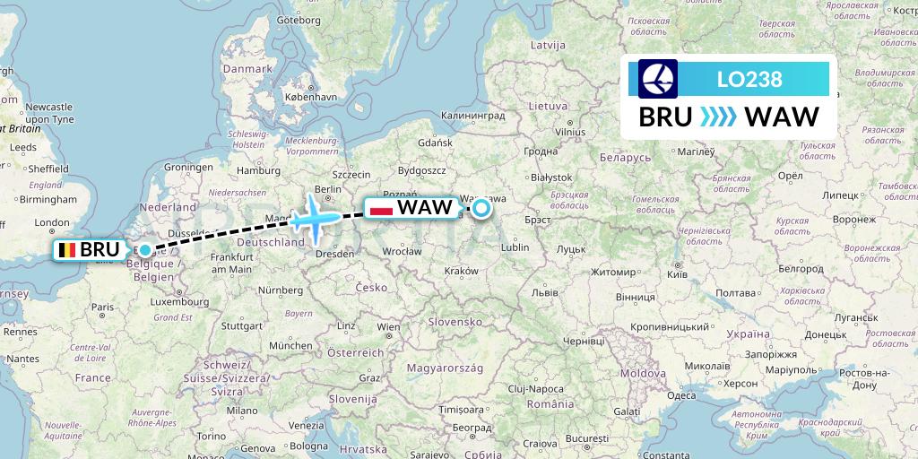LO238 LOT Flight Map: Brussels to Warsaw