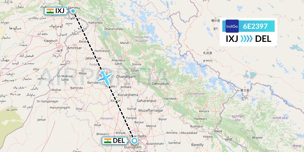 6E2397 IndiGo Airlines Flight Map: Jammu to Delhi