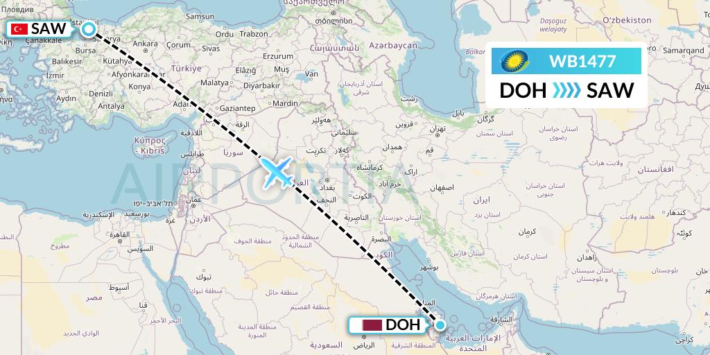 WB1477 RwandAir Flight Map: Doha to Istanbul