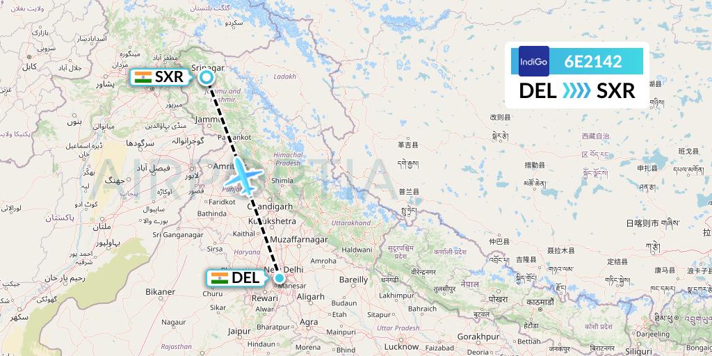 6E2142 IndiGo Airlines Flight Map: Delhi to Srinagar
