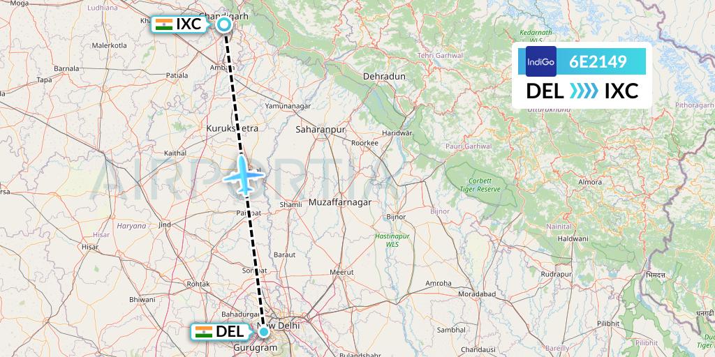 6E2149 IndiGo Airlines Flight Map: Delhi to Chandigarh