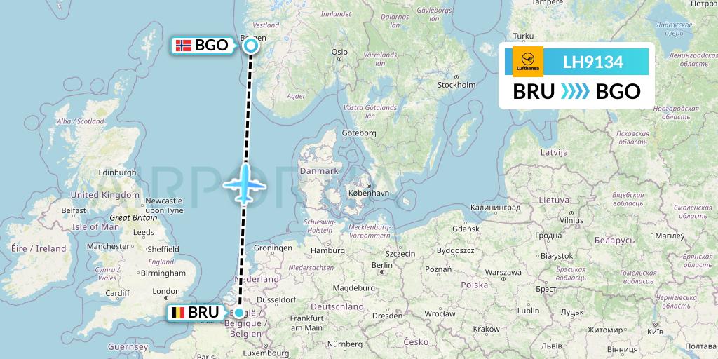 LH9134 Lufthansa Flight Map: Brussels to Bergen
