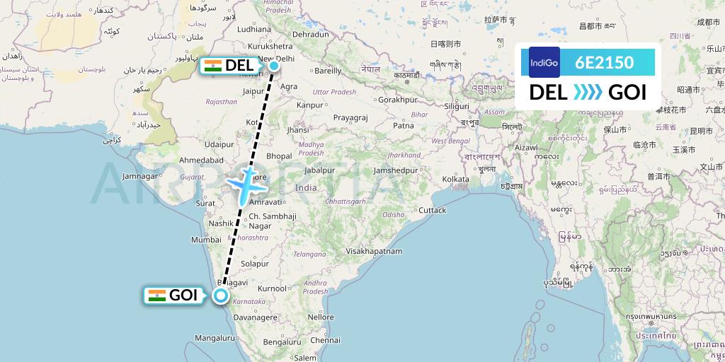 6E2150 IndiGo Airlines Flight Map: Delhi to Goa