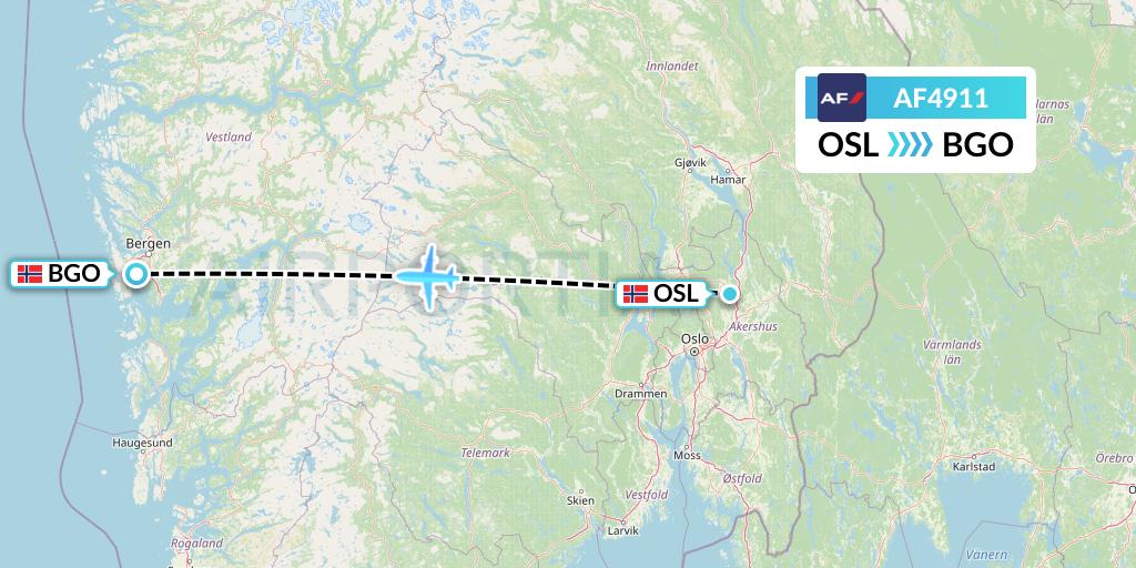AF4911 Air France Flight Map: Oslo to Bergen