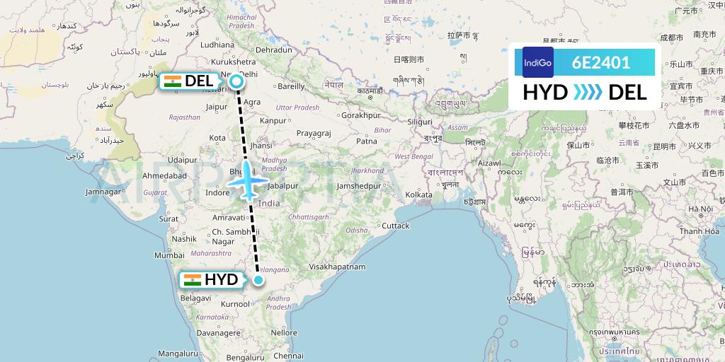 6E2401 IndiGo Airlines Flight Map: Hyderabad to Delhi