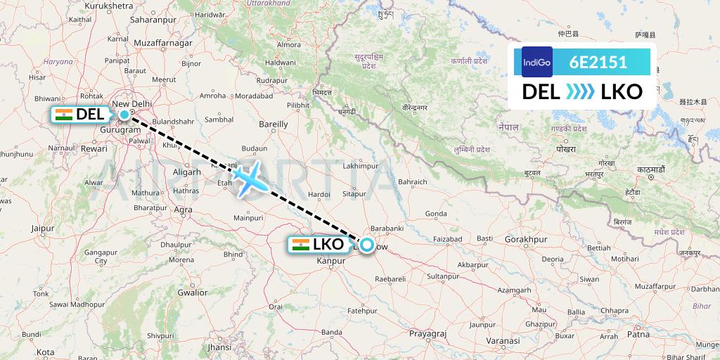 6E2151 IndiGo Airlines Flight Map: Delhi to Lucknow