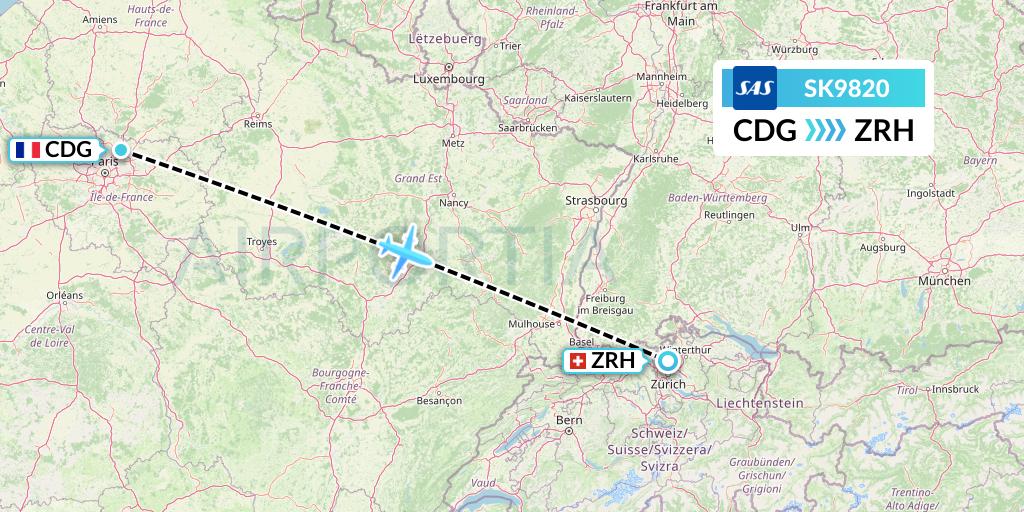 SK9820 SAS Flight Map: Paris to Zurich