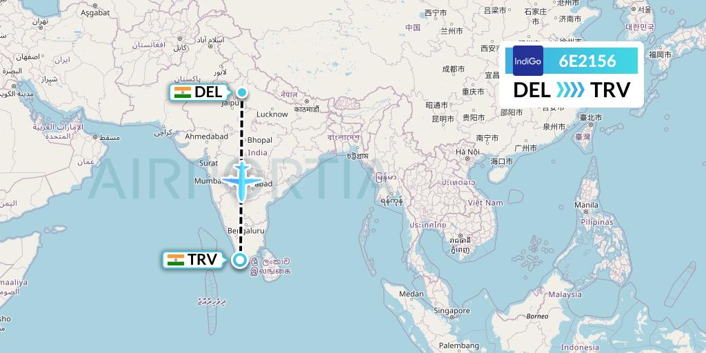 6E2156 IndiGo Airlines Flight Map: Delhi to Thiruvananthapuram