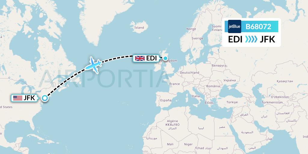 B68072 JetBlue Airways Flight Map: Edinburgh to New York