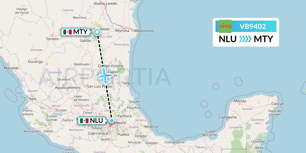 VB9402 VivaAerobus Flight Map: Reyes Acozac to Monterrey