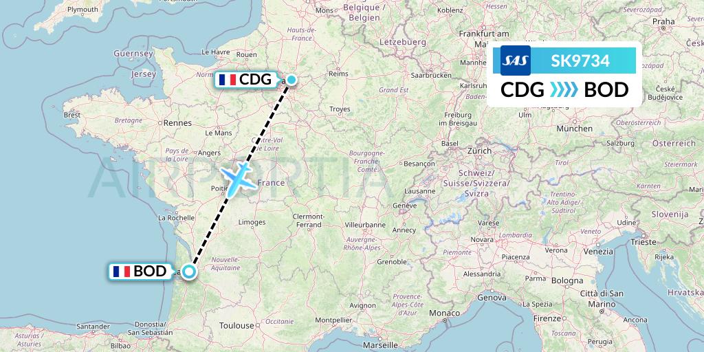 SK9734 SAS Flight Map: Paris to Bordeaux