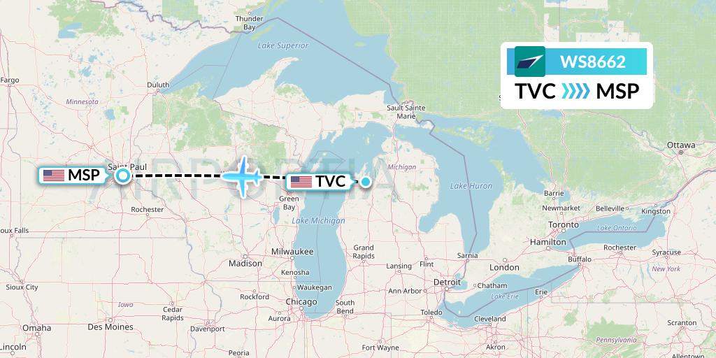 WS8662 WestJet Flight Map: Traverse City to Minneapolis