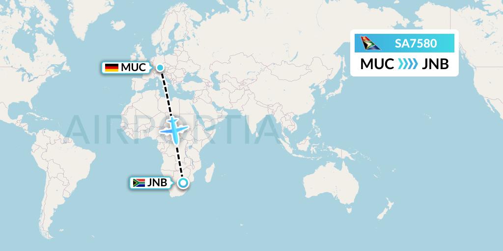 SA7580 South African Airways Flight Map: Munich to Johannesburg