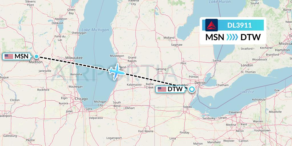 DL3911 Delta Air Lines Flight Map: Madison to Detroit