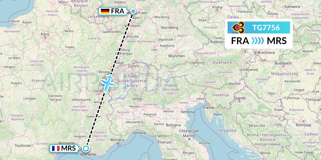 TG7756 Thai Airways Flight Map: Frankfurt to Marseille