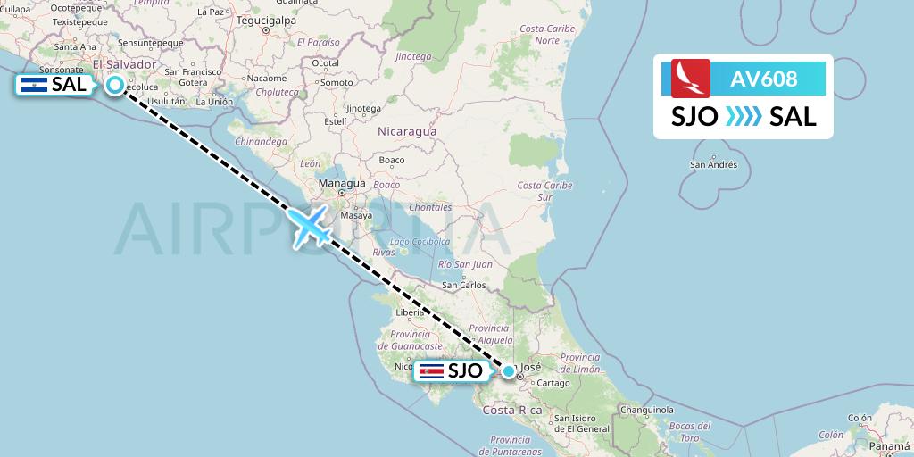 AV608 Avianca Flight Map: San Jose to San Salvador