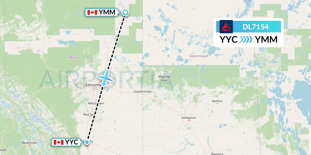DL7154 Delta Air Lines Flight Map: Calgary to Fort McMurray