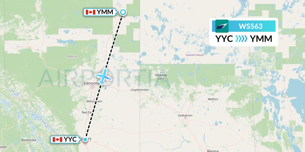 WS563 WestJet Flight Map: Calgary to Fort McMurray
