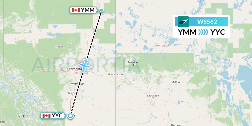 WS562 WestJet Flight Map: Fort McMurray to Calgary
