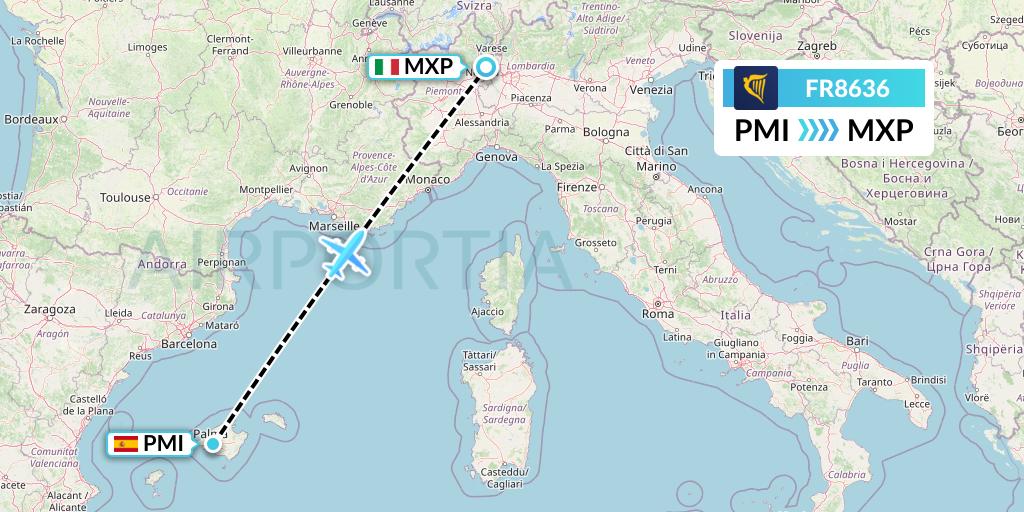 FR8636 Ryanair Flight Map: Palma de Mallorca to Milan