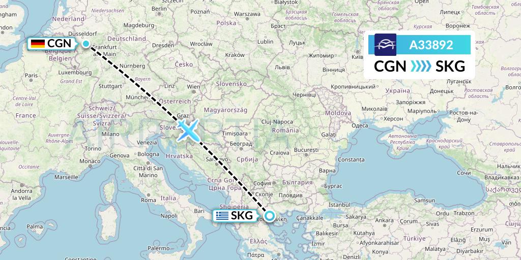 A33892 Aegean Airlines Flight Map: Cologne to Thessaloniki