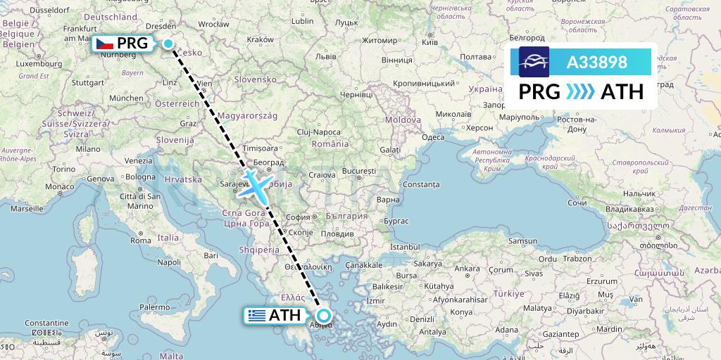 A33898 Aegean Airlines Flight Map: Prague to Athens