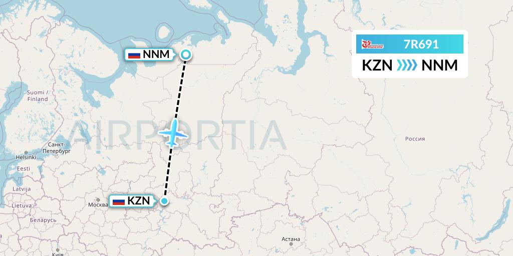 7R691 Rusline Flight Map: Kazan to Naryan-Mar