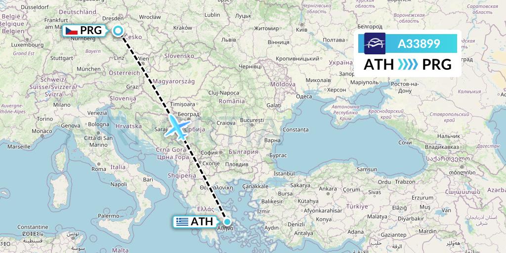 A33899 Aegean Airlines Flight Map: Athens to Prague