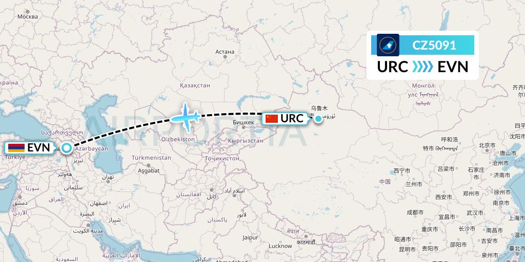 CZ5091 China Southern Airlines Flight Map: Urumqi to Yerevan