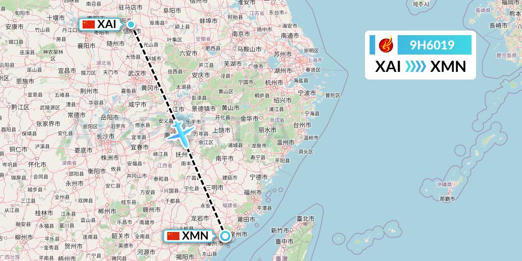 9H6019 Air Changan Flight Map: Xinyuan to Xiamen