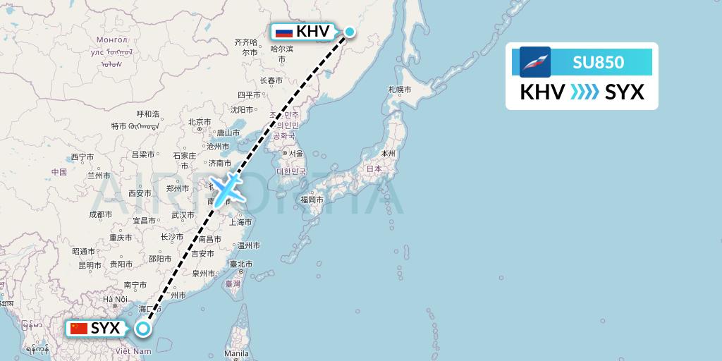 SU850 Aeroflot Flight Map: Khabarovsk to Sanya