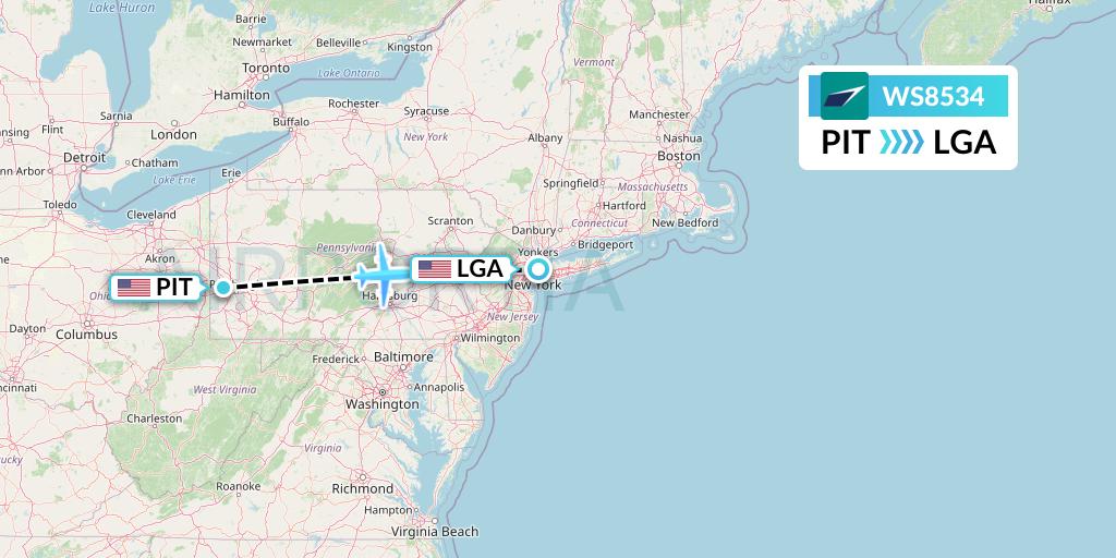 WS8534 WestJet Flight Map: Pittsburgh to New York