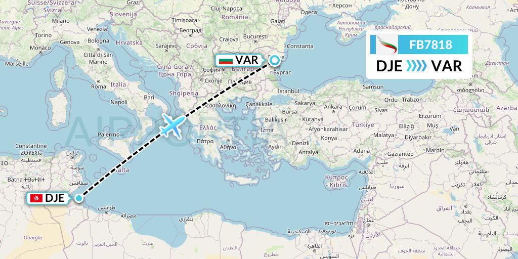 FB7818 Bulgaria Air Flight Map: Djerba to Varna