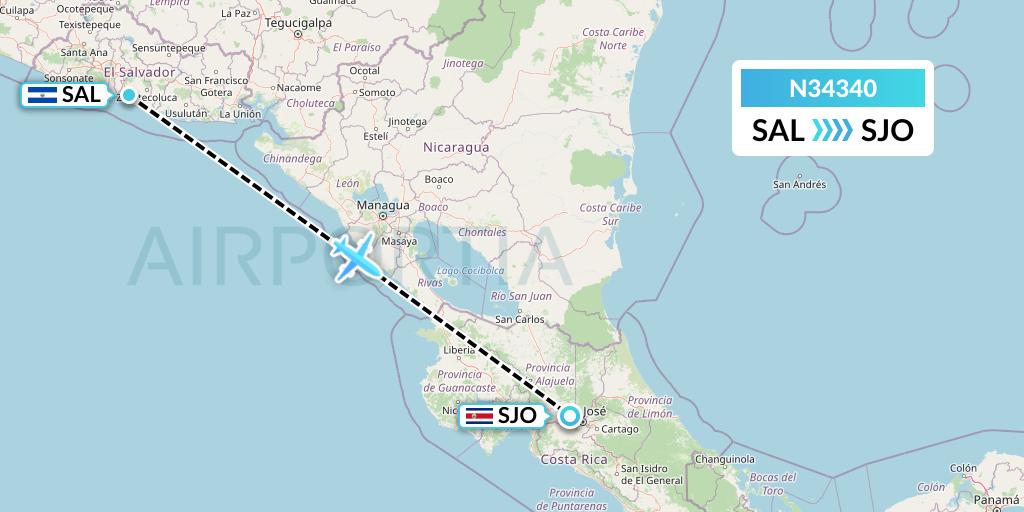 N34340 Vuela El Salvador Flight Map: San Salvador to San Jose