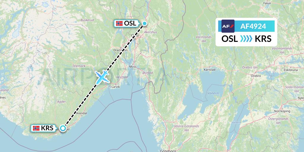 AF4924 Air France Flight Map: Oslo to Kristiansand