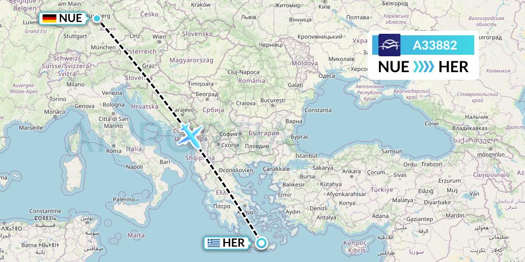 A33882 Aegean Airlines Flight Map: Nurnberg to Heraklion